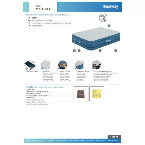 Bestway Fortech Snugable Top Air Mattres s with Built-in AC Pump 203x152x46 cm - grey