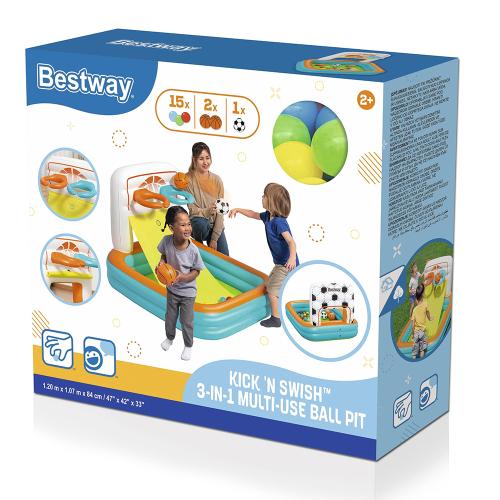 Preview: Bestway Aufblasbares 3-in-1 Ballspiel Ki ck ‘N Swish 120 x 107 x 84 cm - blau orange