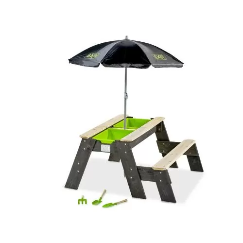 EXIT Aksent Sand,- Wasser- und Picknicktisch (1 Bank) mit Sonnenschirm und Gartenwerkzeugen - 94x94cm