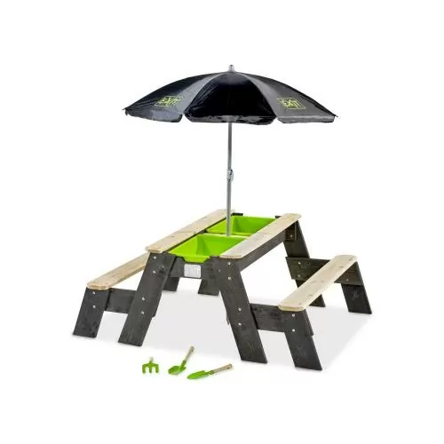 EXIT Aksent Sand,- Wasser- und Picknicktisch (2 Bänke) mit Sonnenschirm und Gartenwerkzeugen - 120x94cm