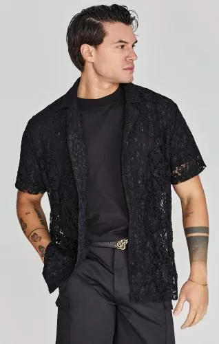 SikSilk Kurzarmhemd Lace Resort Shirt - schwarz