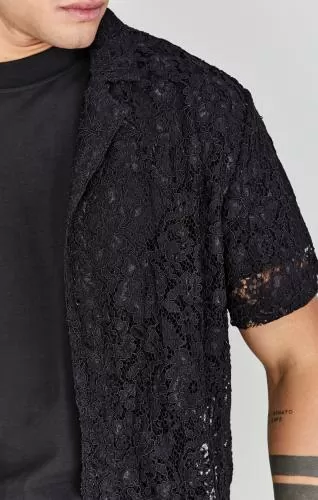SikSilk Kurzarmhemd Lace Resort Shirt - black