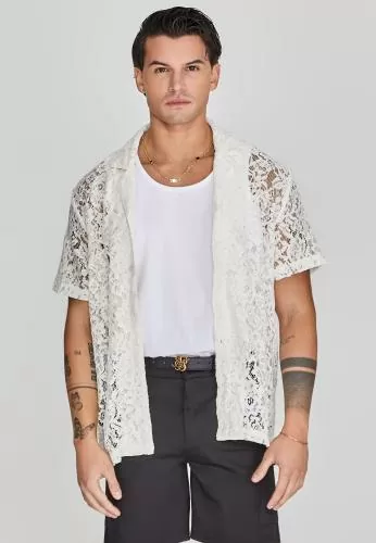SikSilk Kurzarmhemd Lace Resort Shirt - beige