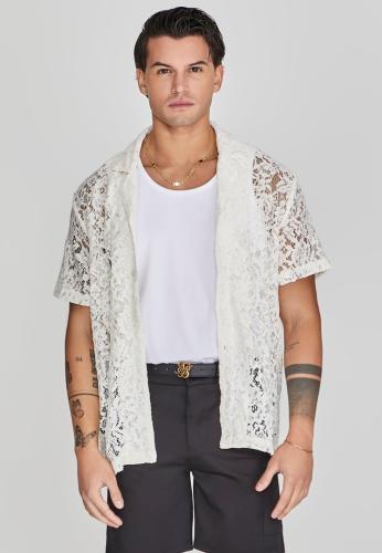 SikSilk Kurzarmhemd Lace Resort Shirt - beige (Grösse: S)