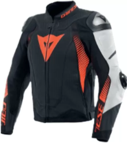 Dainese Leather Jacket Perf. Super Speed 4 - matt black-white-fluo red